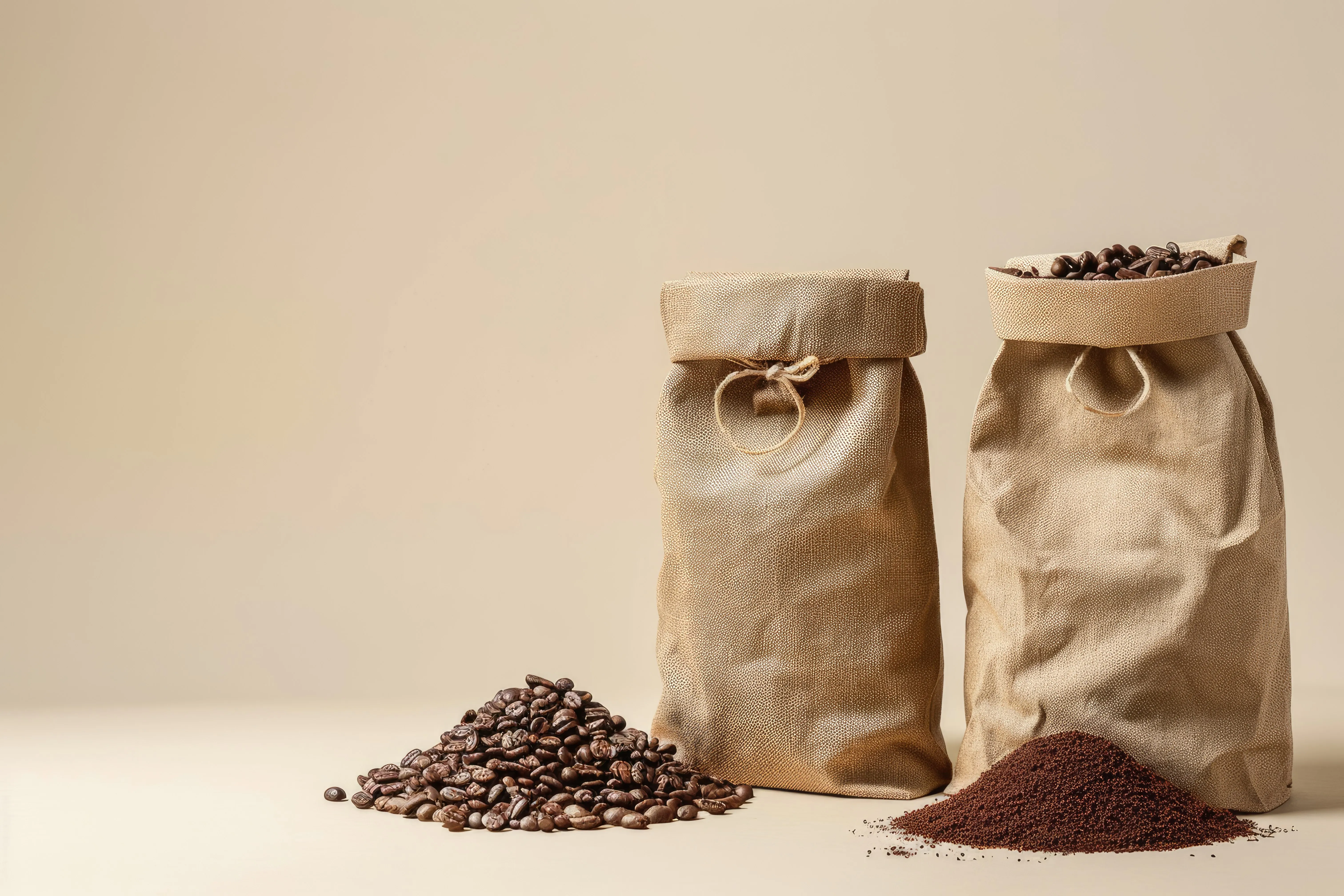 Two kraft coffee bags beside a pile of whole beans and a pile of grounds